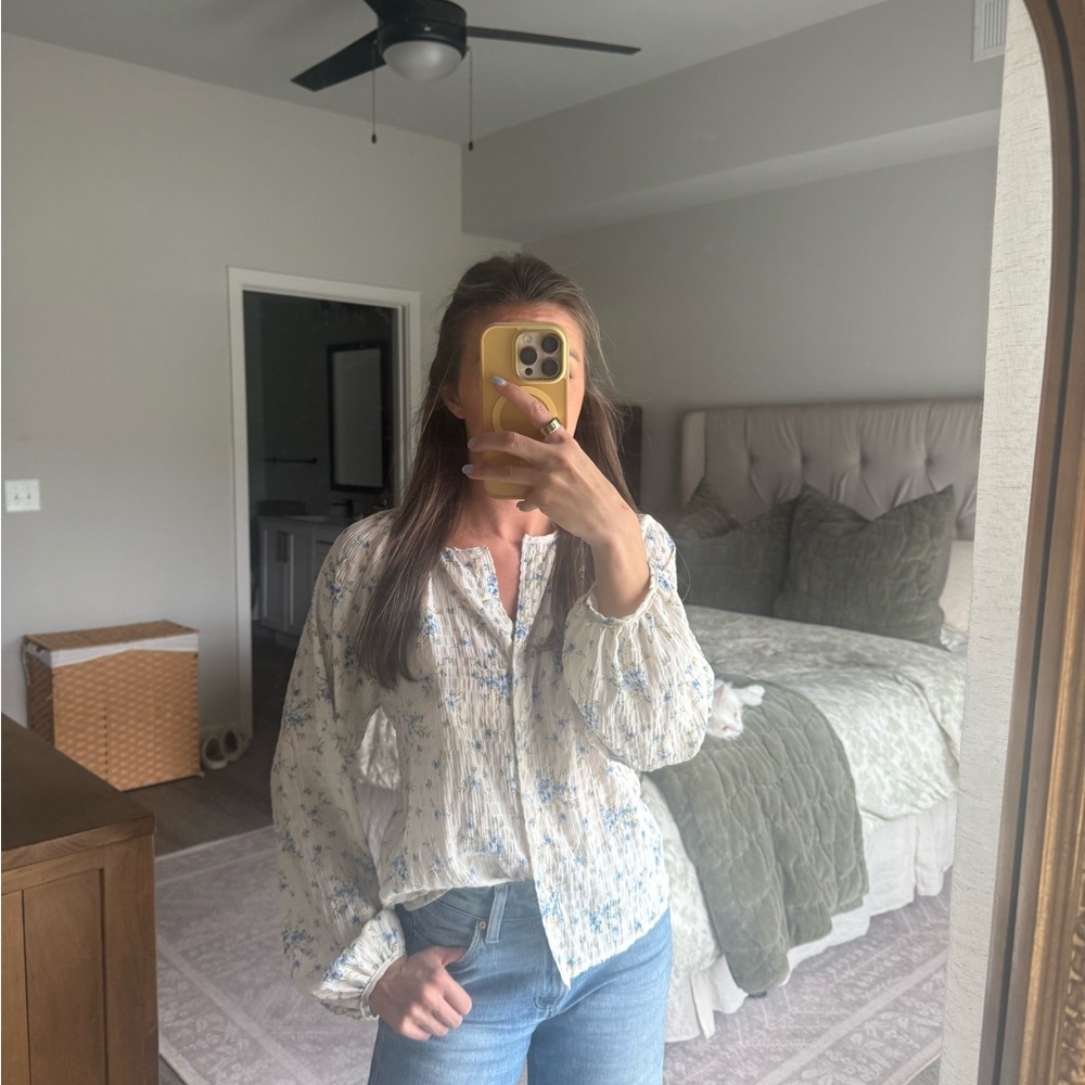 SHEIN Cream Blouse with Light Blue Floral Print